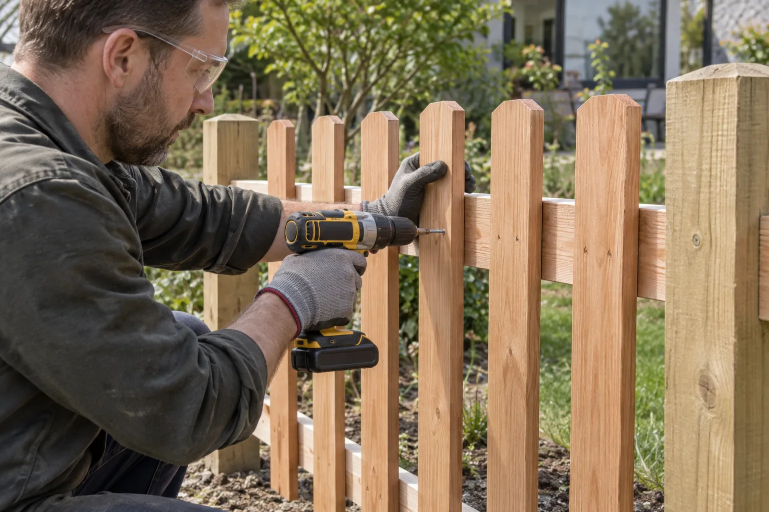 Fachmann verschraubt eine Holzlatte am waagrechten Zaunriegel