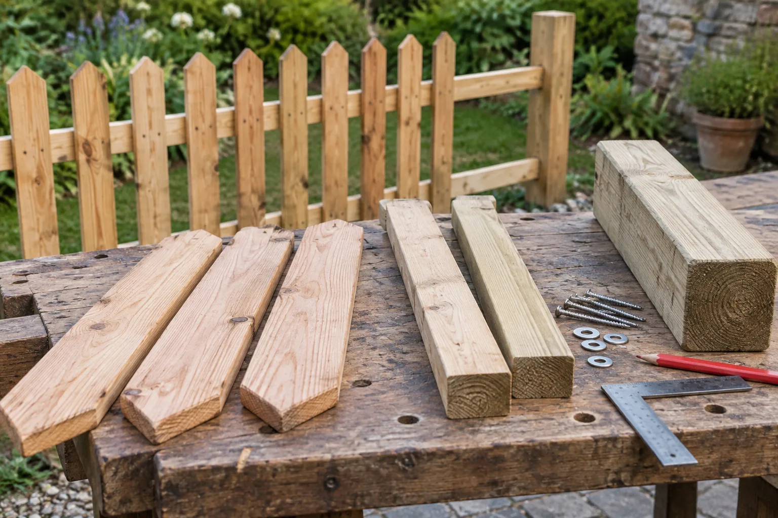 Holzlatten, Riegel, Pfosten und Befestigungsmaterial für einen Holzzaun