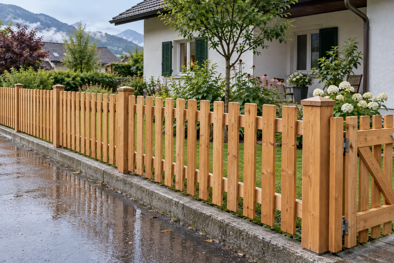 Neuer Holzlattenzaun mit waagrechten Riegeln und passendem Gartentor