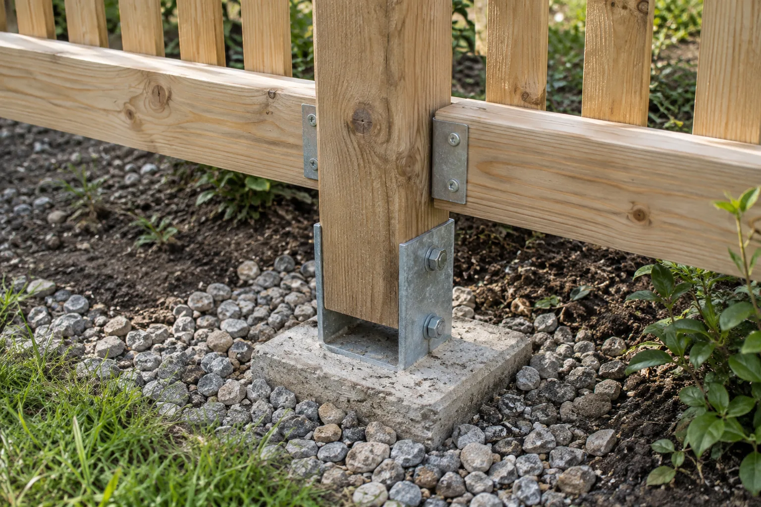 Holzpfosten mit verzinktem Pfostenschuh und befestigten Zaunriegeln