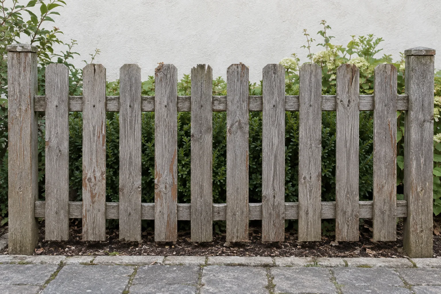 Verwittertes Holzzaunfeld mit angegriffenen Latten und Riegeln