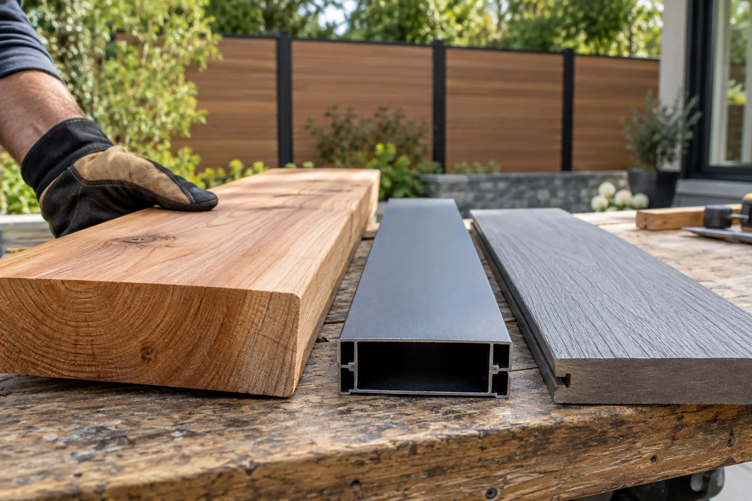 Holz, Aluminium und Verbundmaterial als Muster für einen Sichtschutzzaun